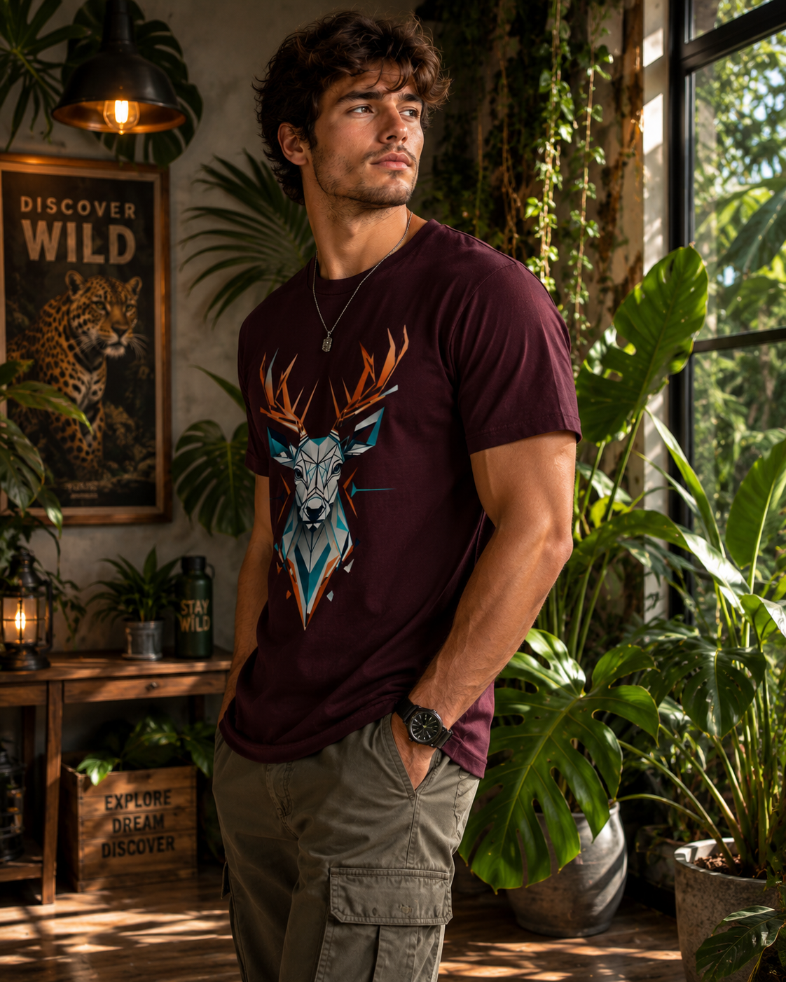 Geometric Deer Wildlife Graphic Classic Fit T-Shirt for Men