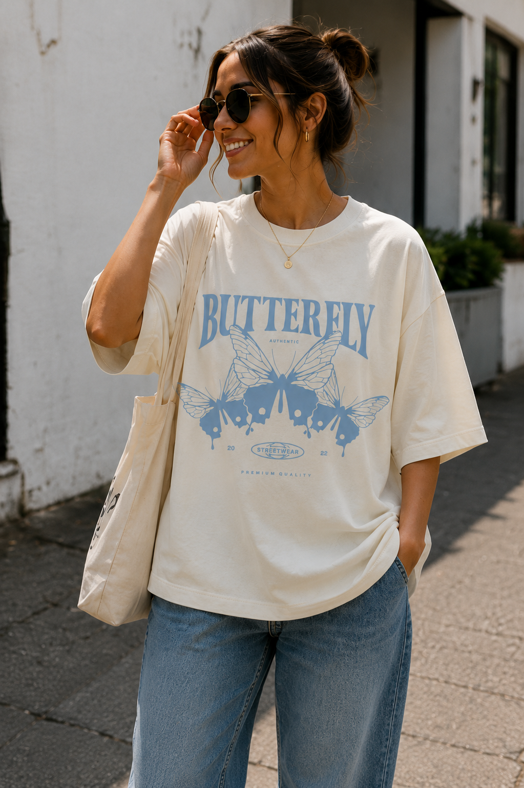 Women Blue Butterfly Graphic Oversized T-Shirt