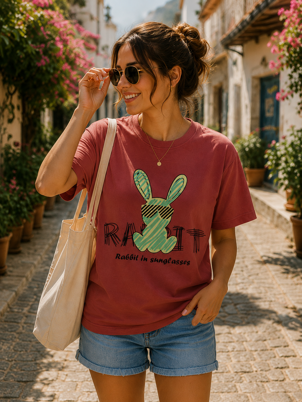 Women Cool Rabbit Cartoon Printed T-Shirt