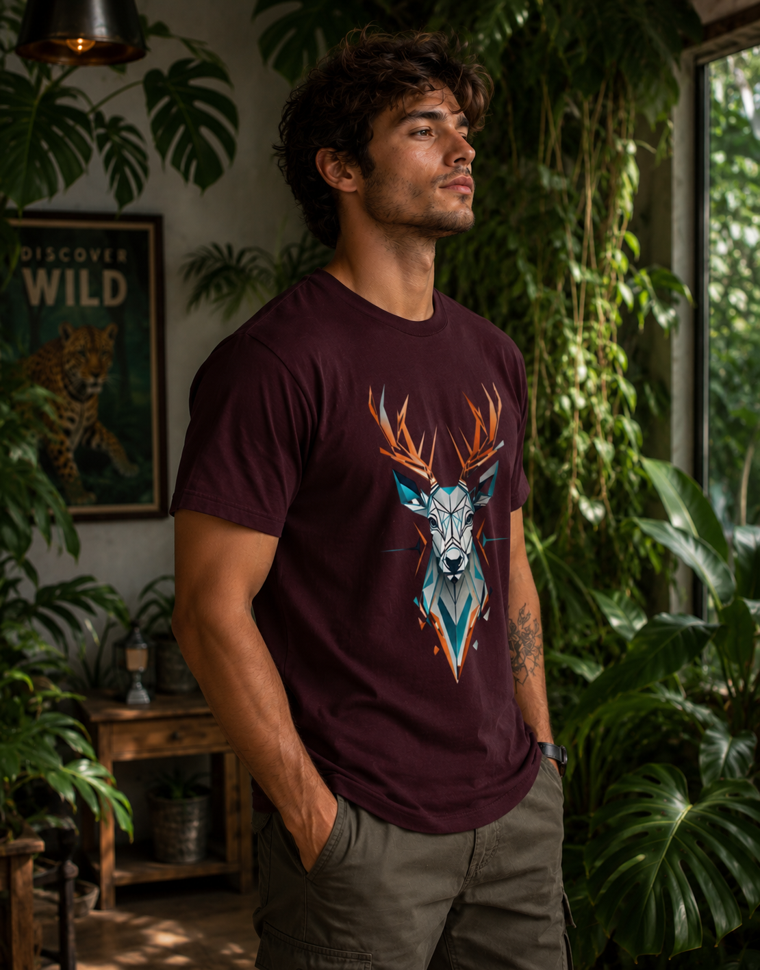 Geometric Deer Wildlife Graphic Classic Fit T-Shirt for Men