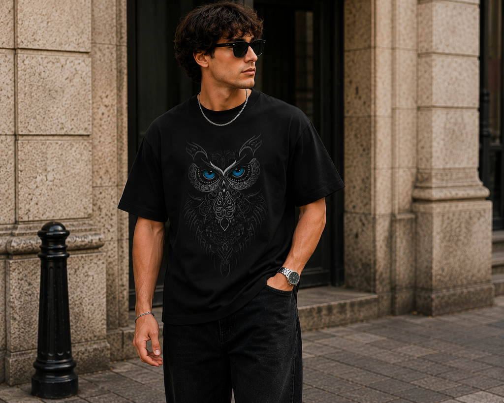Midnight Guardian Owl Oversized Graphic T-Shirt for Men