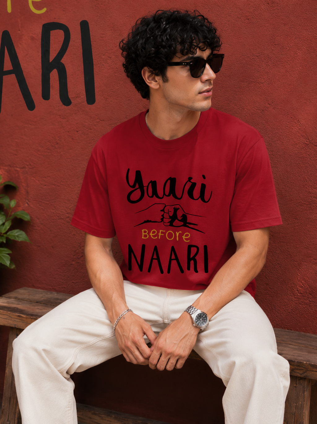Yaari Before Naari Typography Men Classic Fit T-Shirt