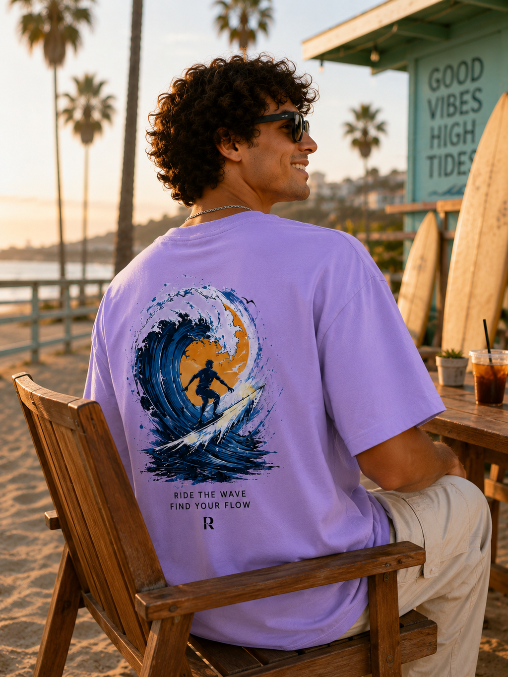 Ride The Wave Surf Graphic Back Print Oversized T-Shirt for Men