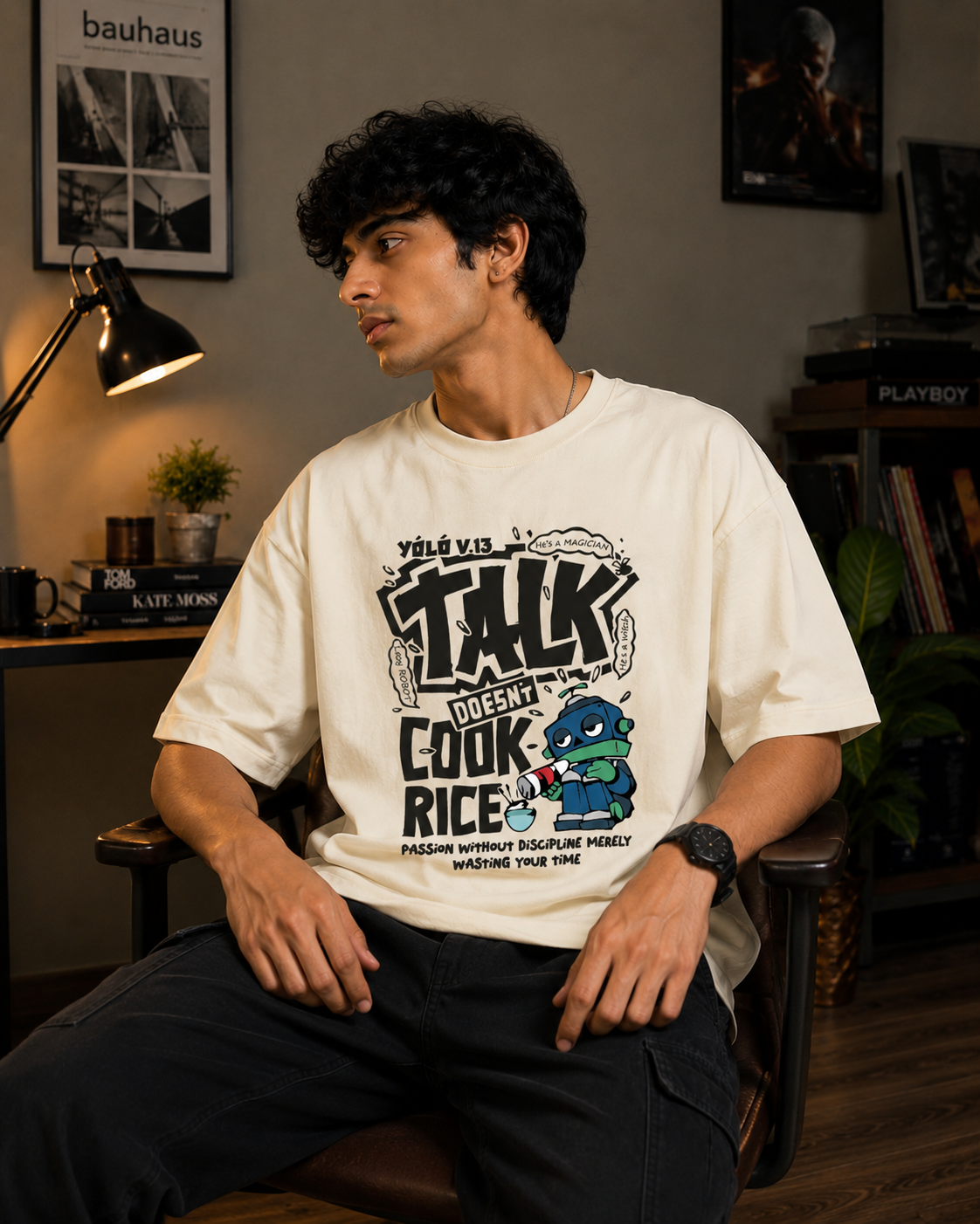 Talk Doesn't Cook Rice Graphic Oversized T-Shirt for Men