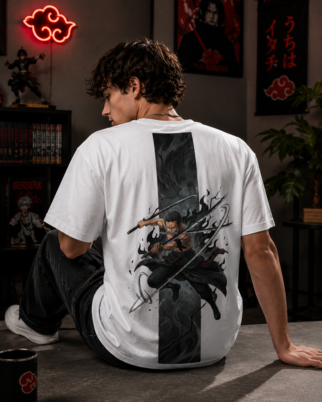 Three Sword Warrior Back Print Oversized T-Shirt for Men