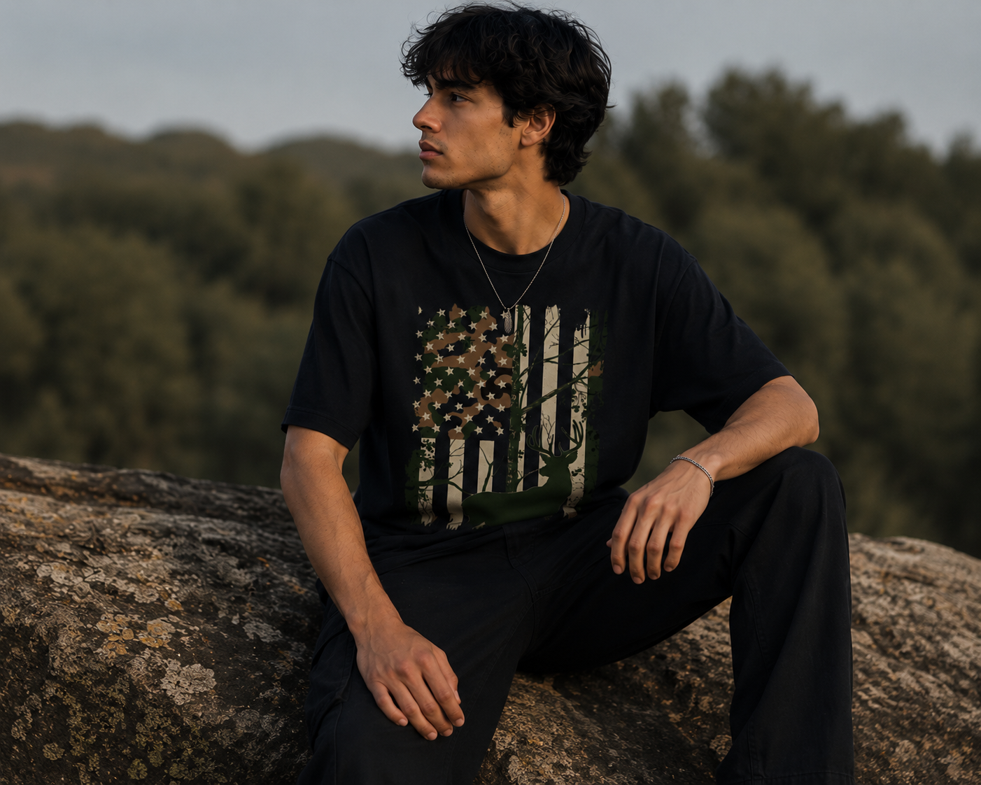 Vintage Deer Flag Graphic Men Classic Fit T-Shirt