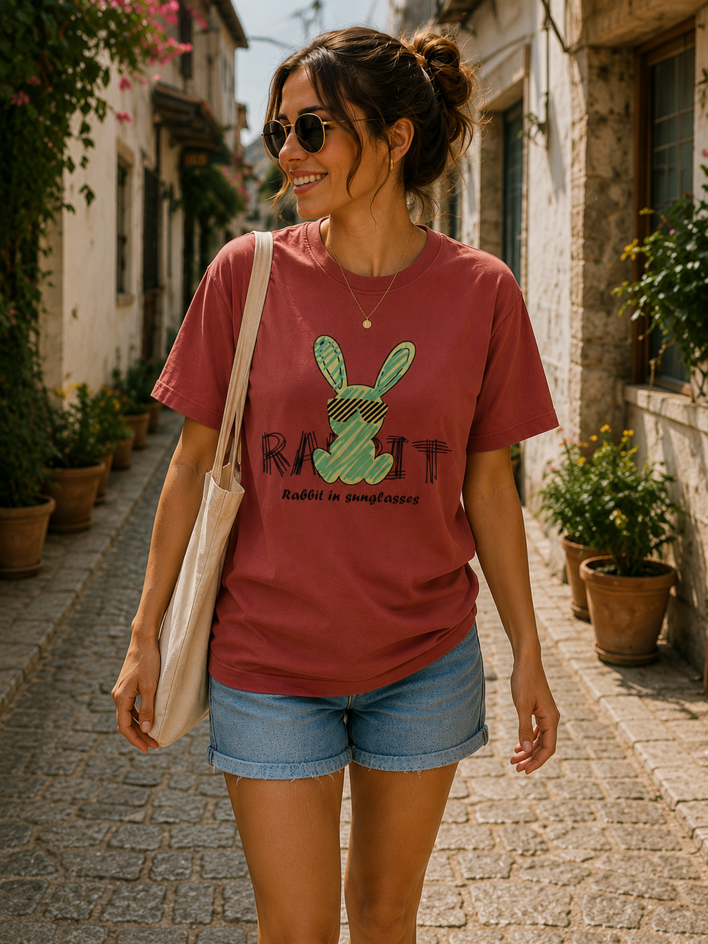 Women Cool Rabbit Cartoon Printed T-Shirt