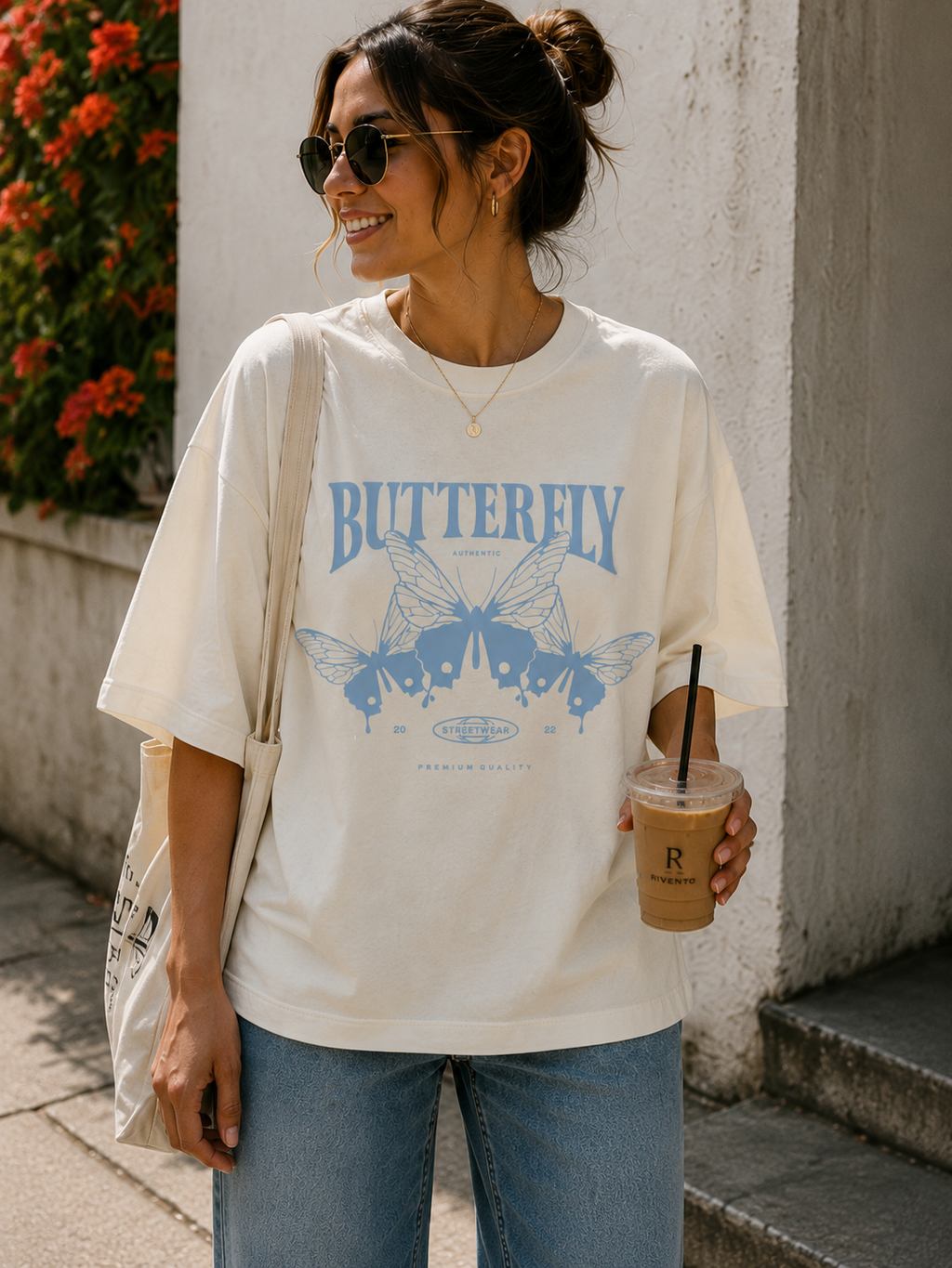 Women Blue Butterfly Graphic Oversized T-Shirt