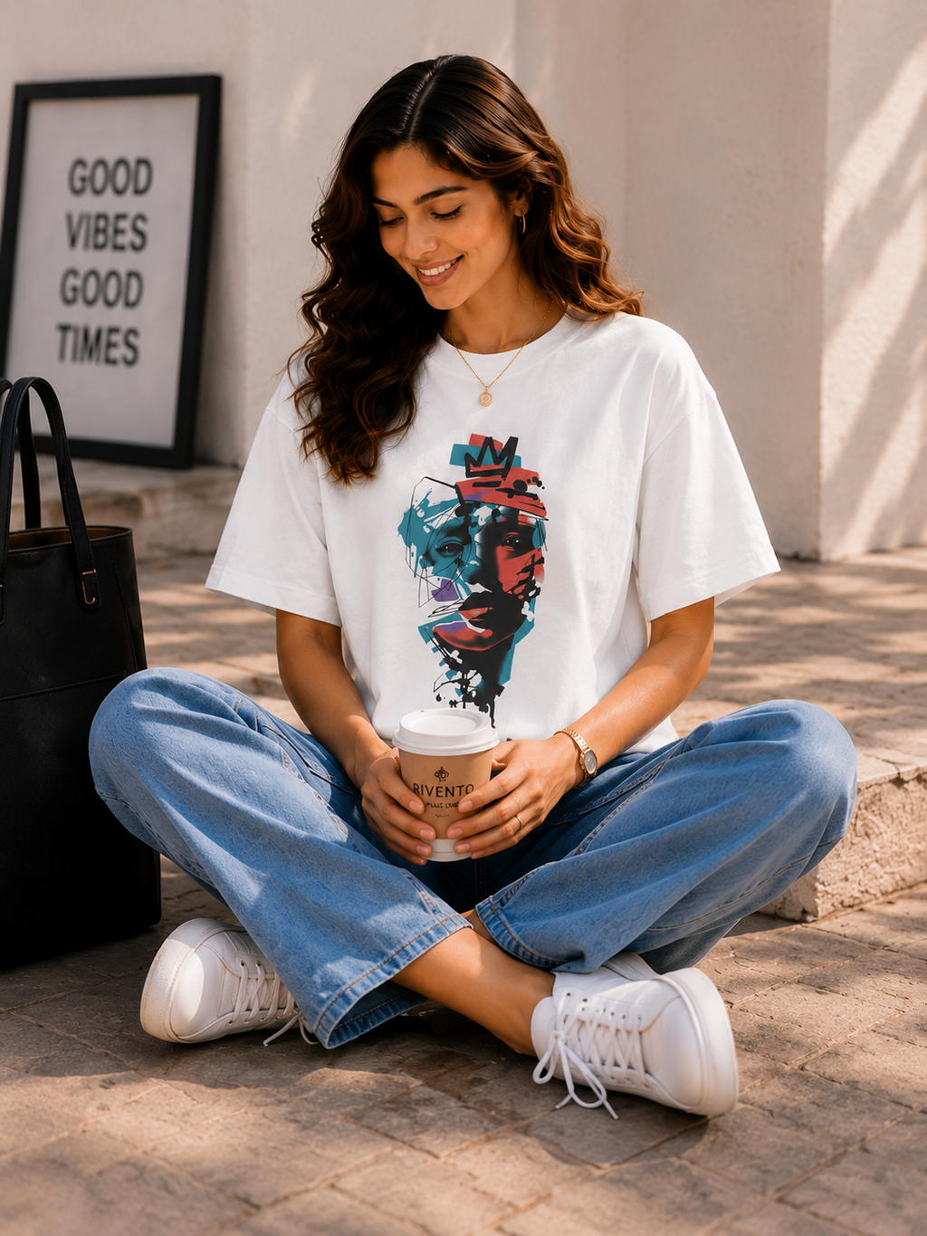 Women Urban Crown Abstract Face Oversized Graphic T-Shirt