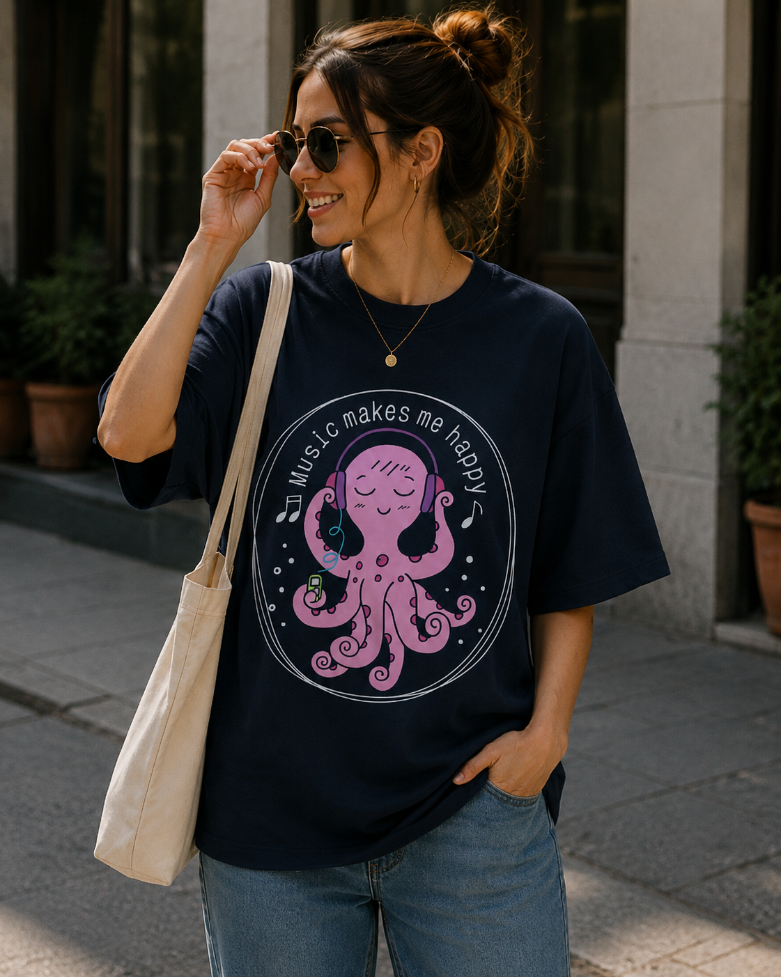 Women Cute Octopus Music Theme Oversized T-Shirt
