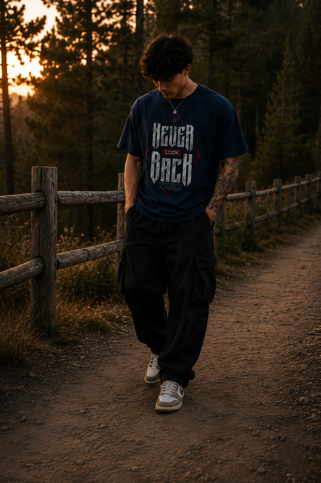 Never Look Back Men Classic Fit Motivational Graphic T-Shirt