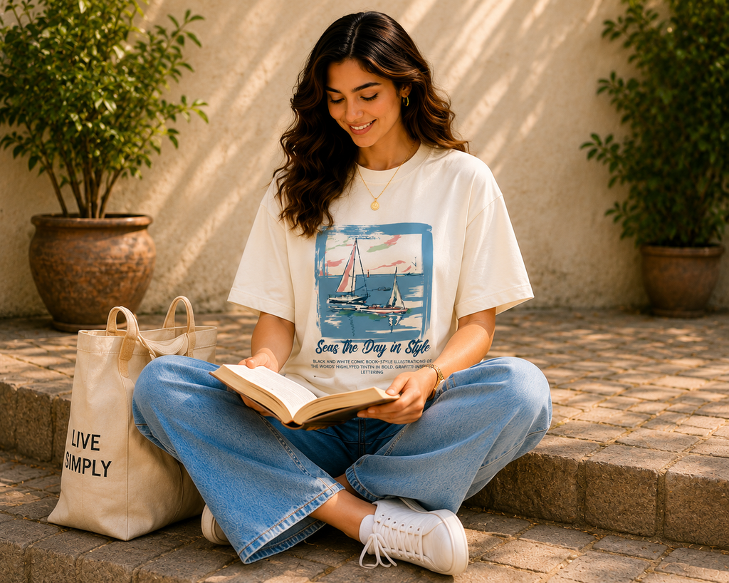 Women Seas the Day Sailboat Graphic Oversized T-Shirt