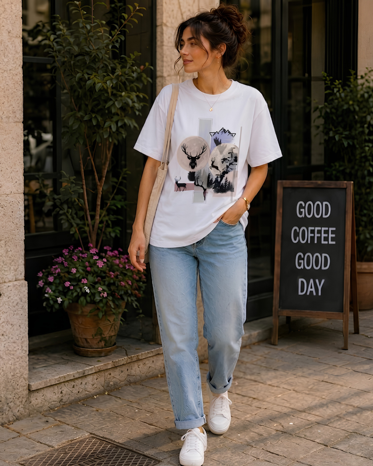 Women Mountain Deer Wilderness Oversized T-Shirt