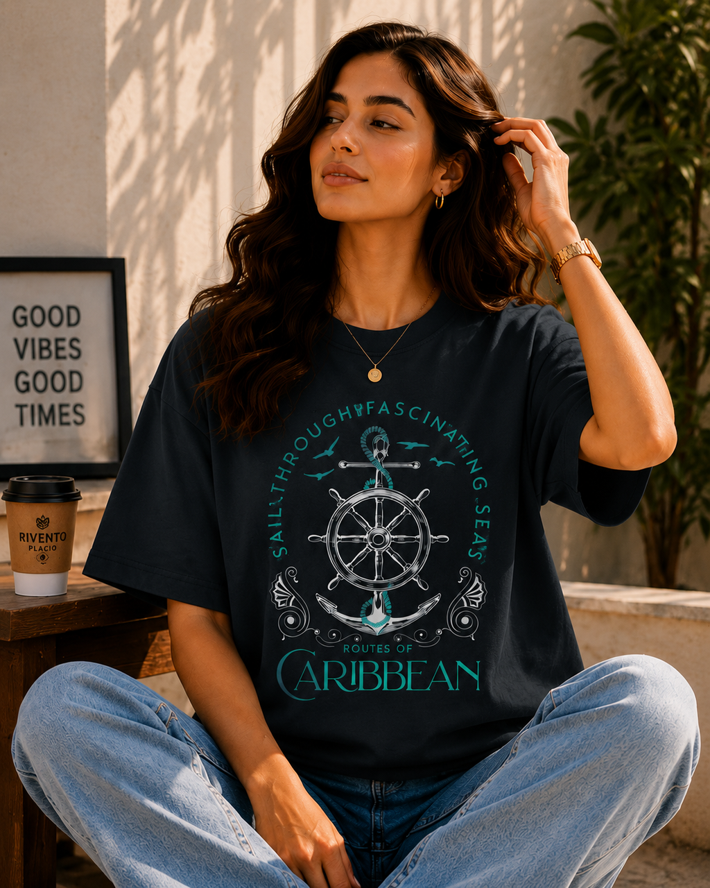 Women Routes Of Caribbean Sailing Oversized Graphic T-Shirt