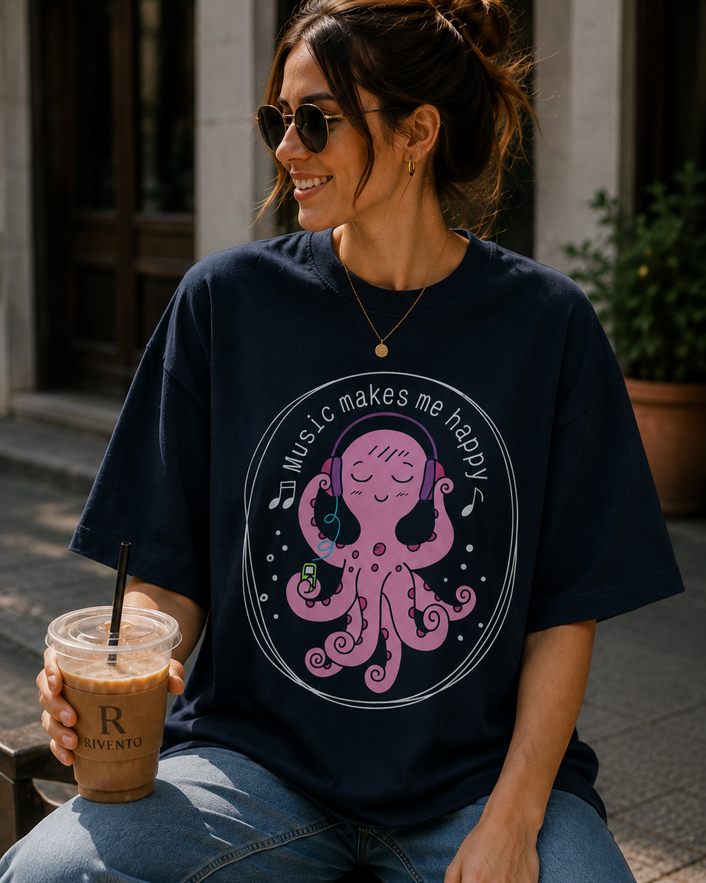 Women Cute Octopus Music Theme Oversized T-Shirt
