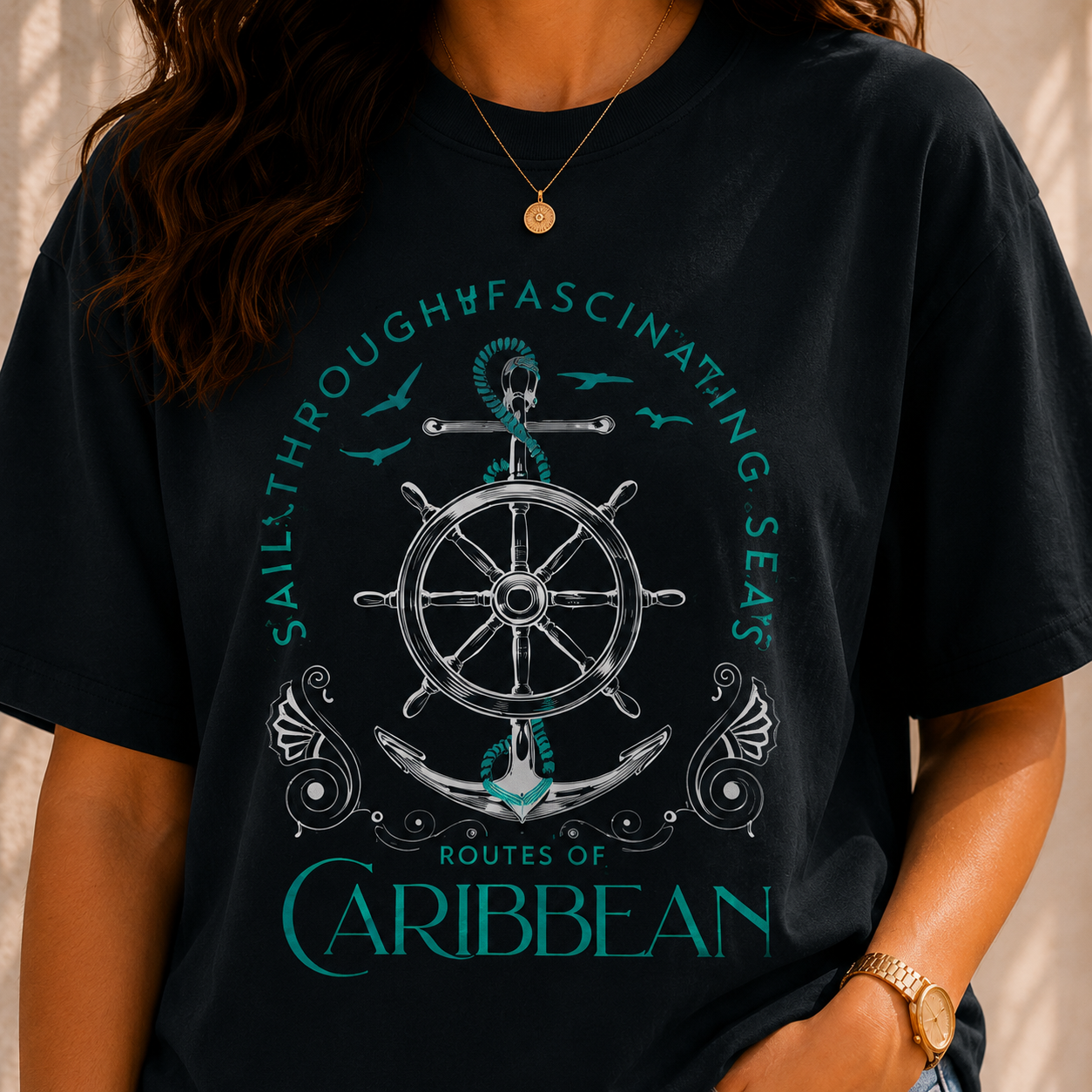 Women Routes Of Caribbean Sailing Oversized Graphic T-Shirt