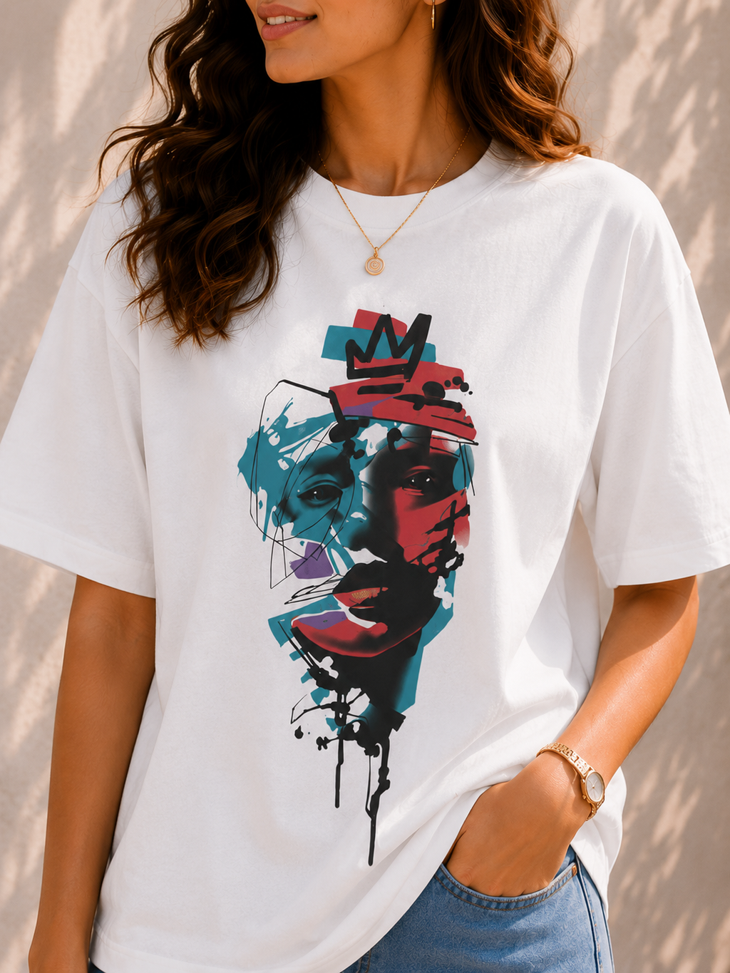 Women Urban Crown Abstract Face Oversized Graphic T-Shirt