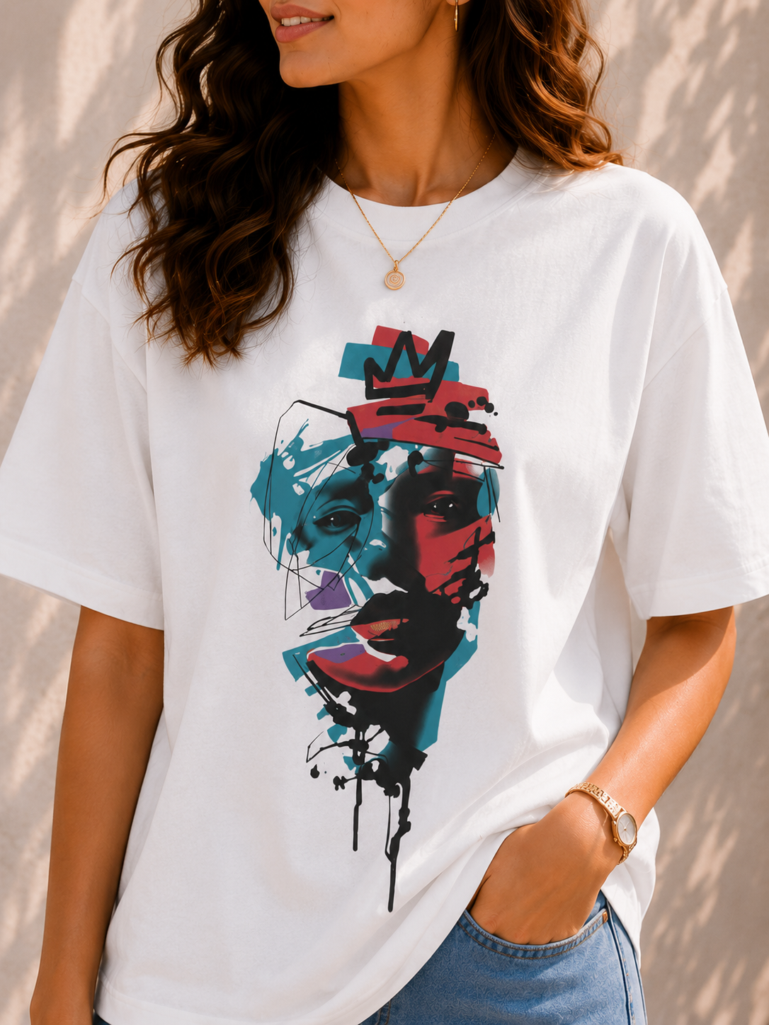 Women Urban Crown Abstract Face Oversized Graphic T-Shirt