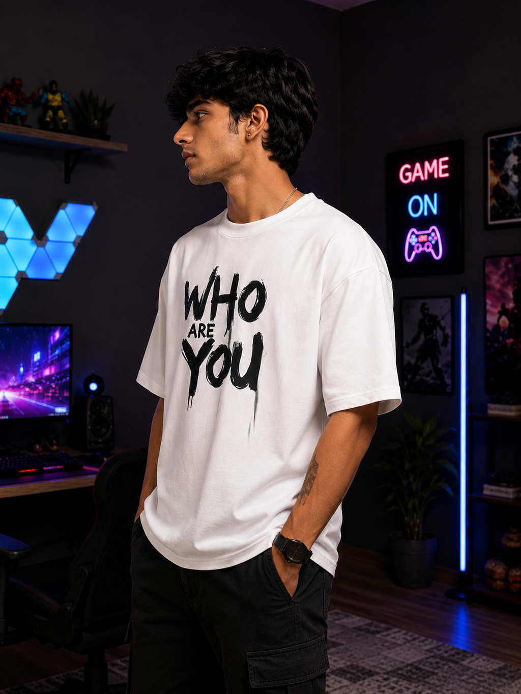 Who Are You Typography Graphic Oversized T-Shirt for Men