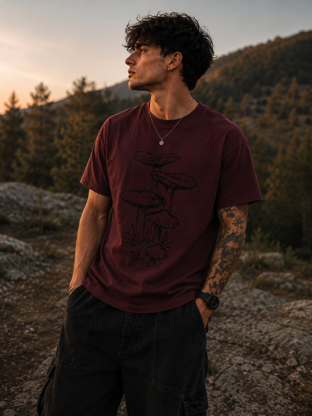 Minimal Mushroom Art Men Classic Fit Graphic T-Shirt