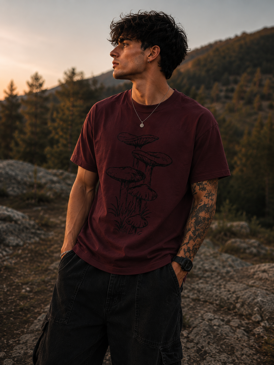 Minimal Mushroom Art Men Classic Fit Graphic T-Shirt