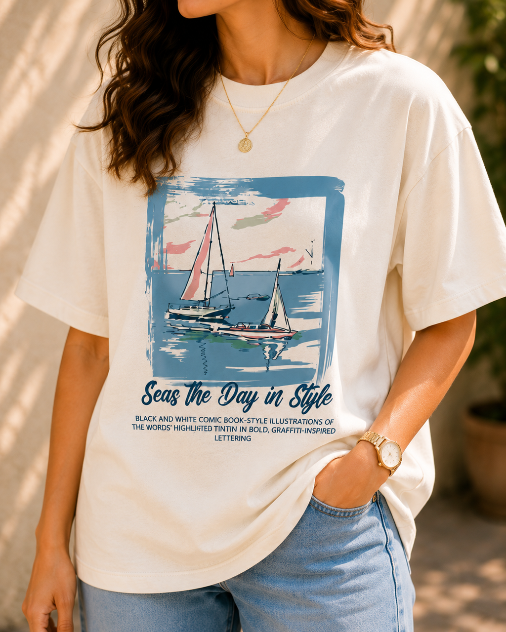 Women Seas the Day Sailboat Graphic Oversized T-Shirt