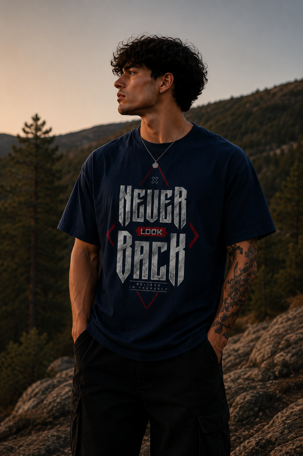 Never Look Back Men Classic Fit Motivational Graphic T-Shirt