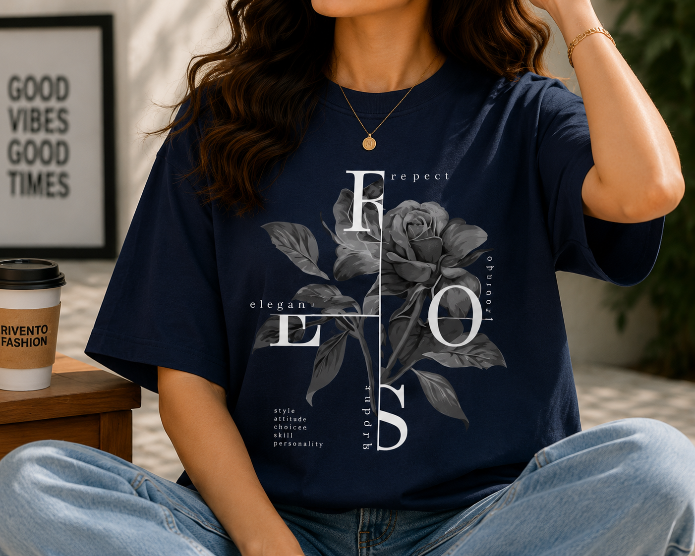 Women Monochrome Rose Aesthetic Oversized T-Shirt
