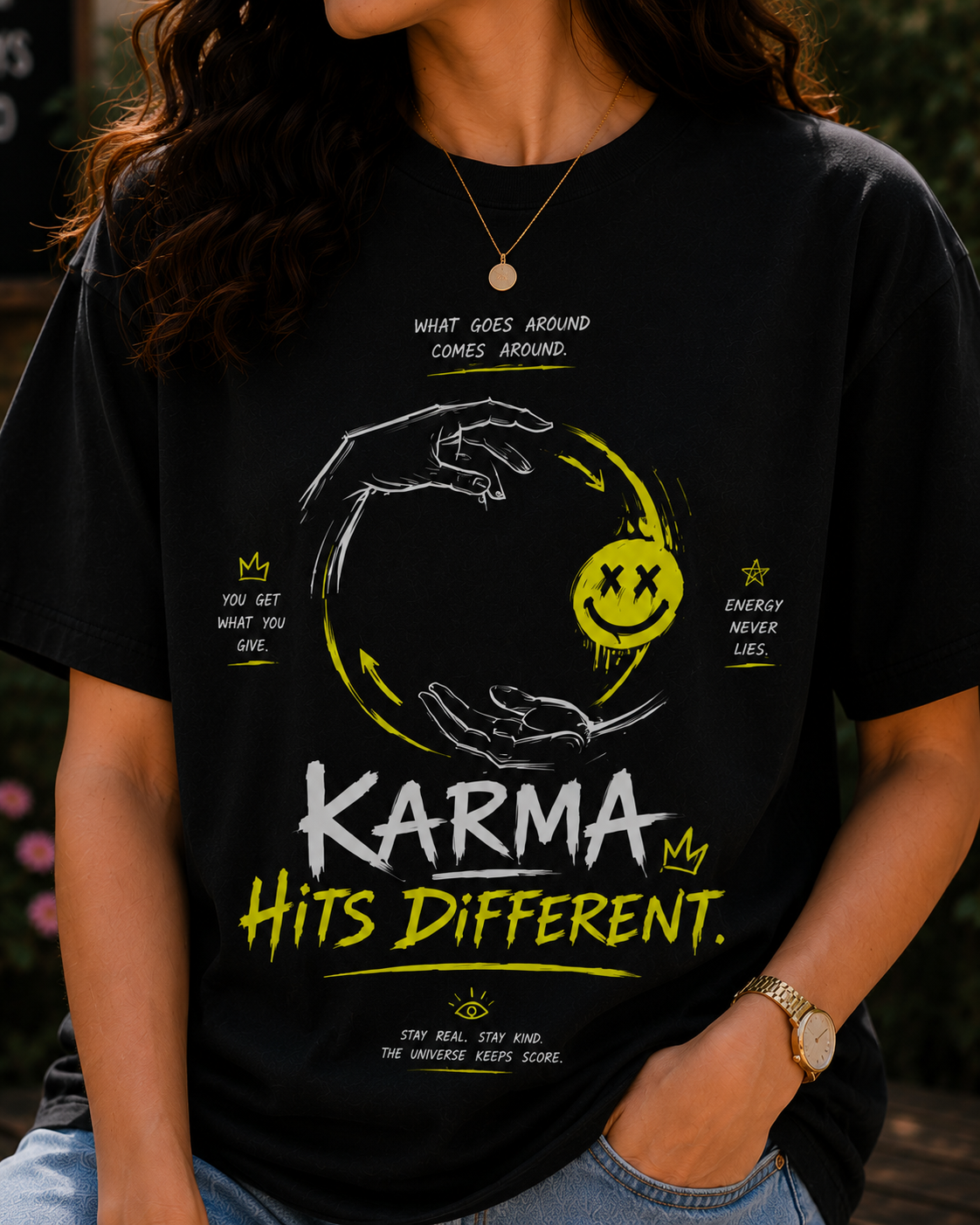Women Karma Hits Different Oversized Graphic T-Shirt