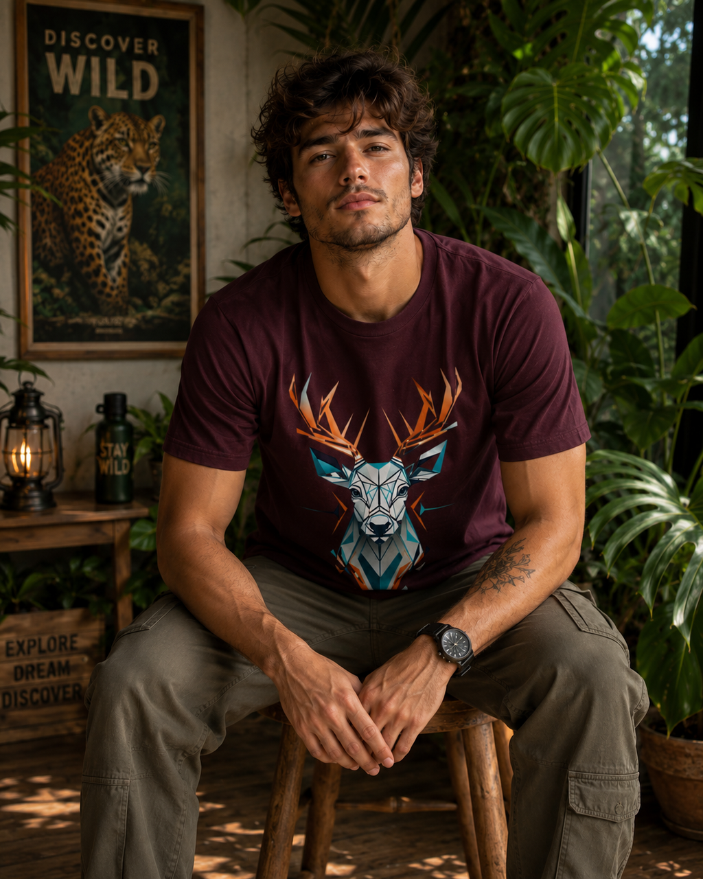 Geometric Deer Wildlife Graphic Classic Fit T-Shirt for Men