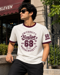 Boston University White Men's Contrast Neck Classic Fit T-Shirt