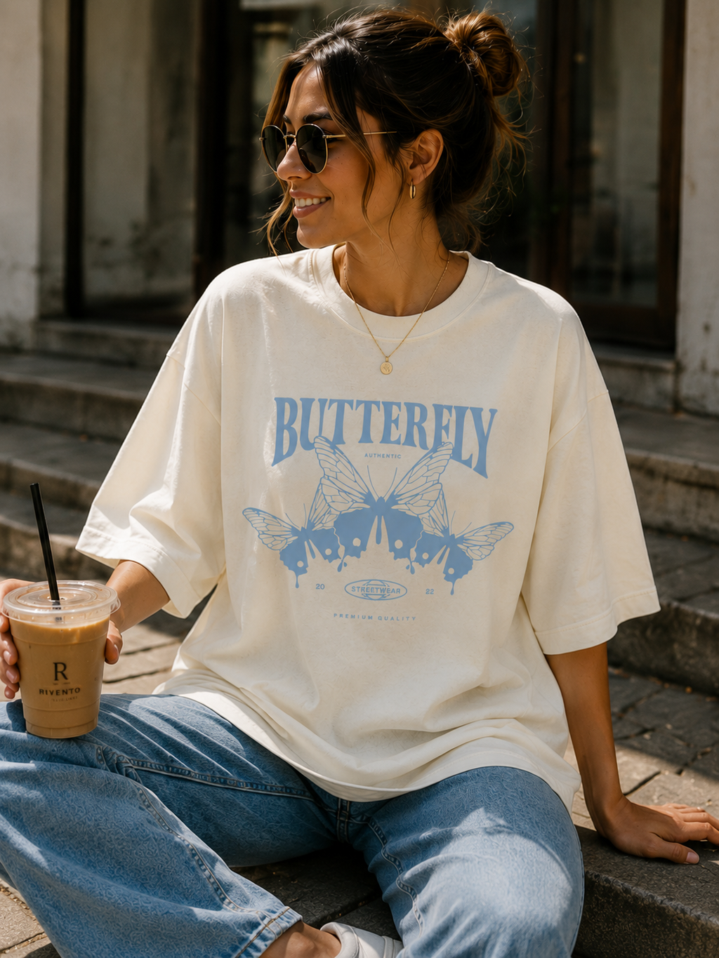 Women Blue Butterfly Graphic Oversized T-Shirt