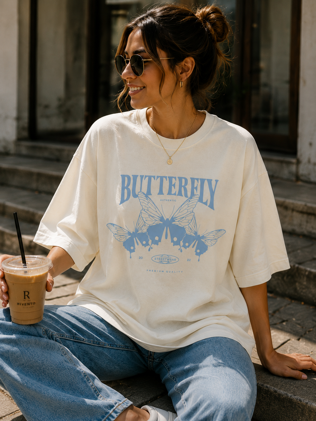 Women Blue Butterfly Graphic Oversized T-Shirt