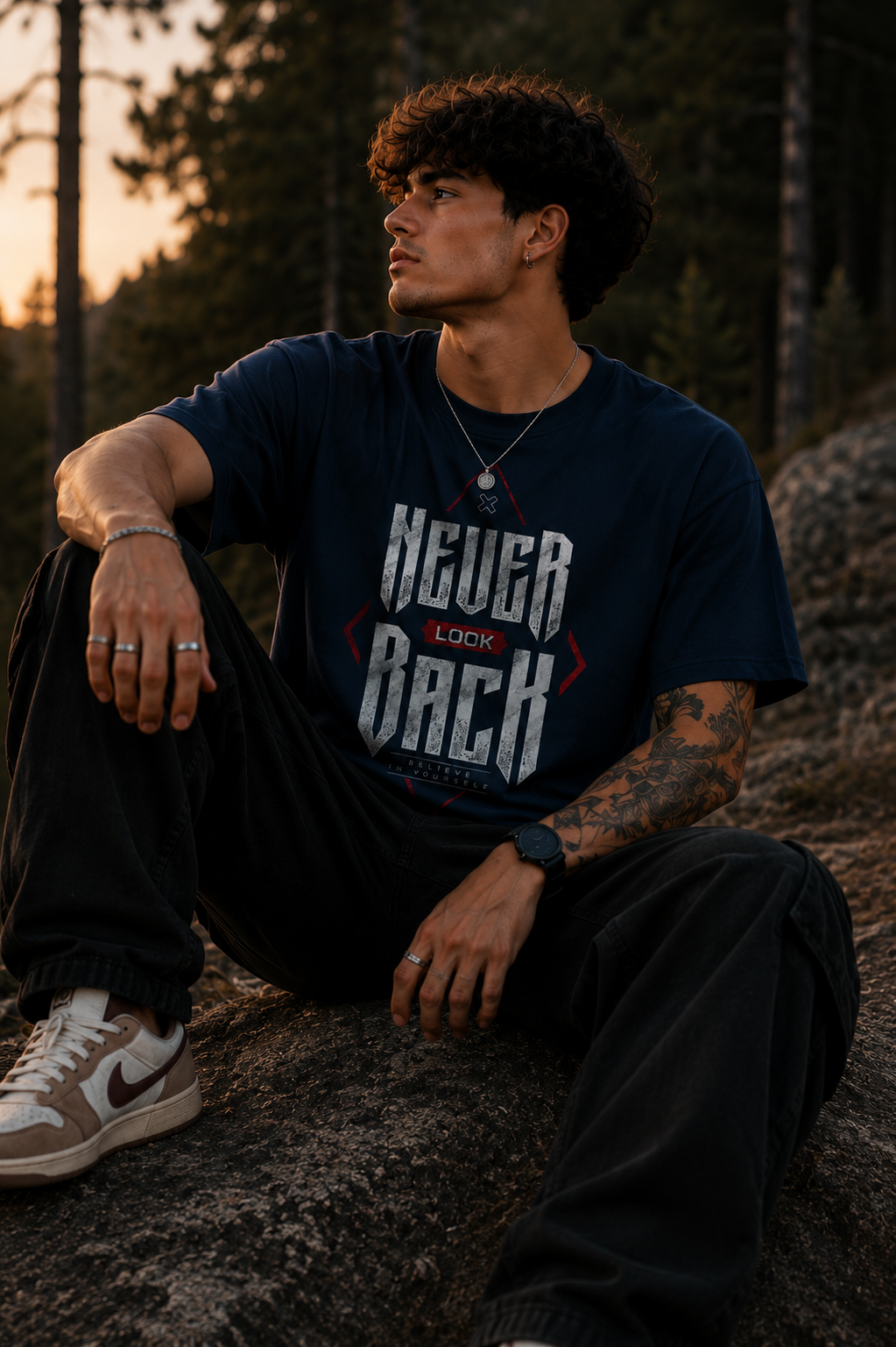 Never Look Back Men Classic Fit Motivational Graphic T-Shirt