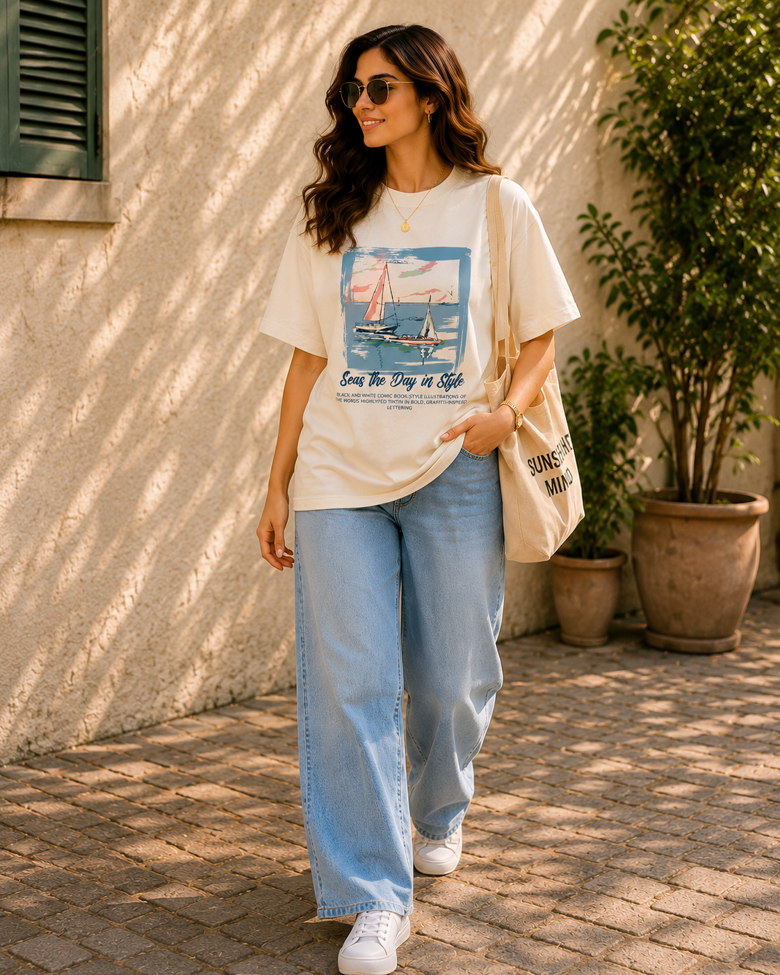 Women Seas the Day Sailboat Graphic Oversized T-Shirt