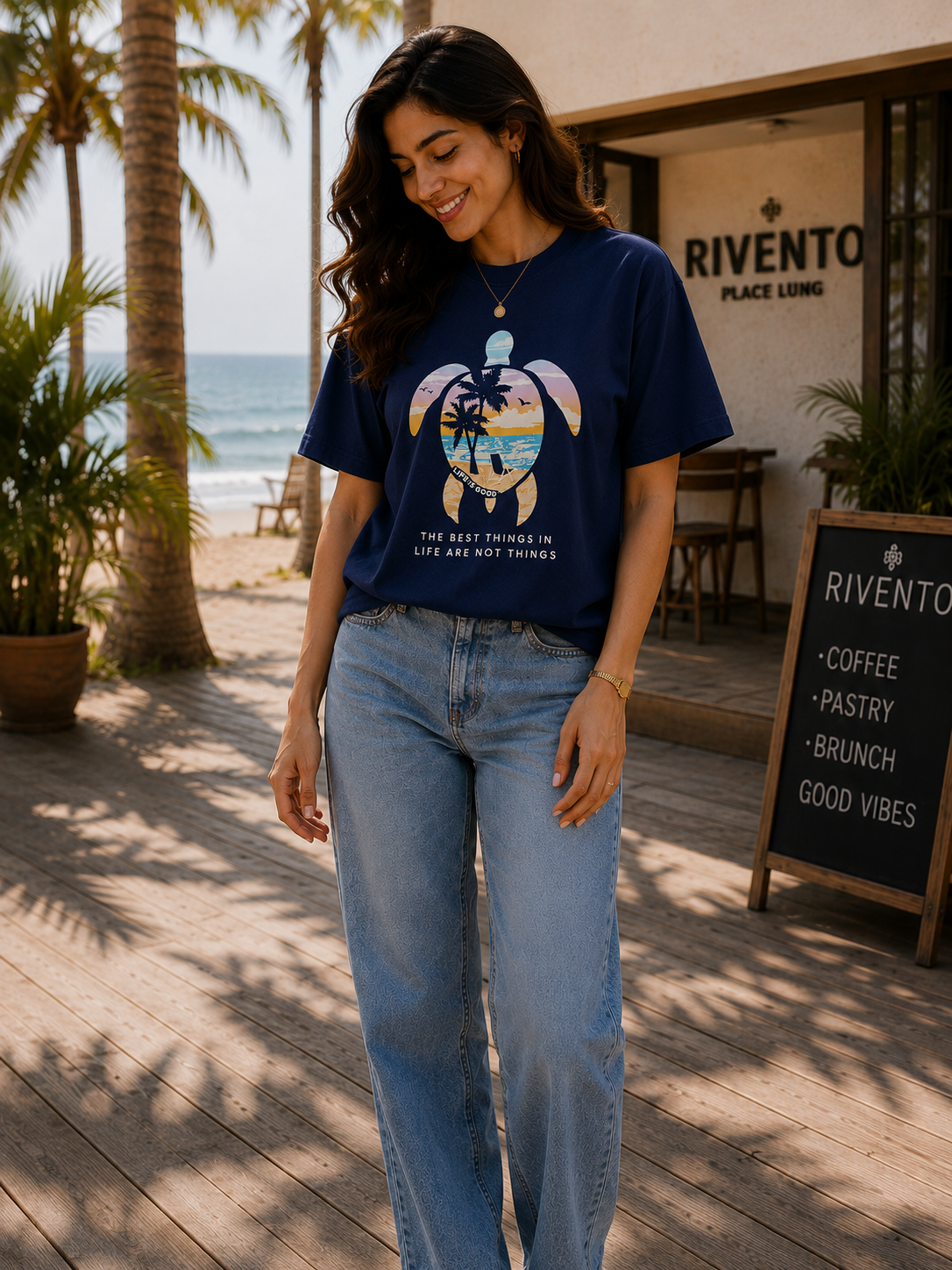 Women Coastal Turtle Paradise Oversized T-Shirt