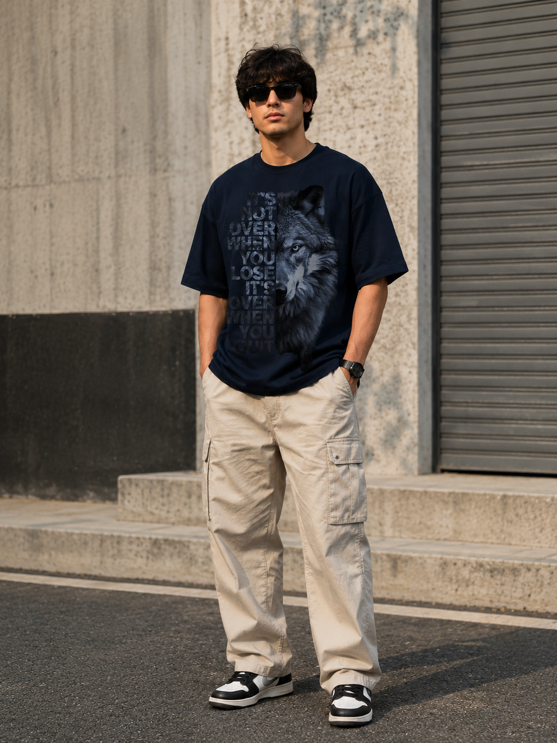 Never Give Up Wolf Graphic Oversized T-Shirt for Men