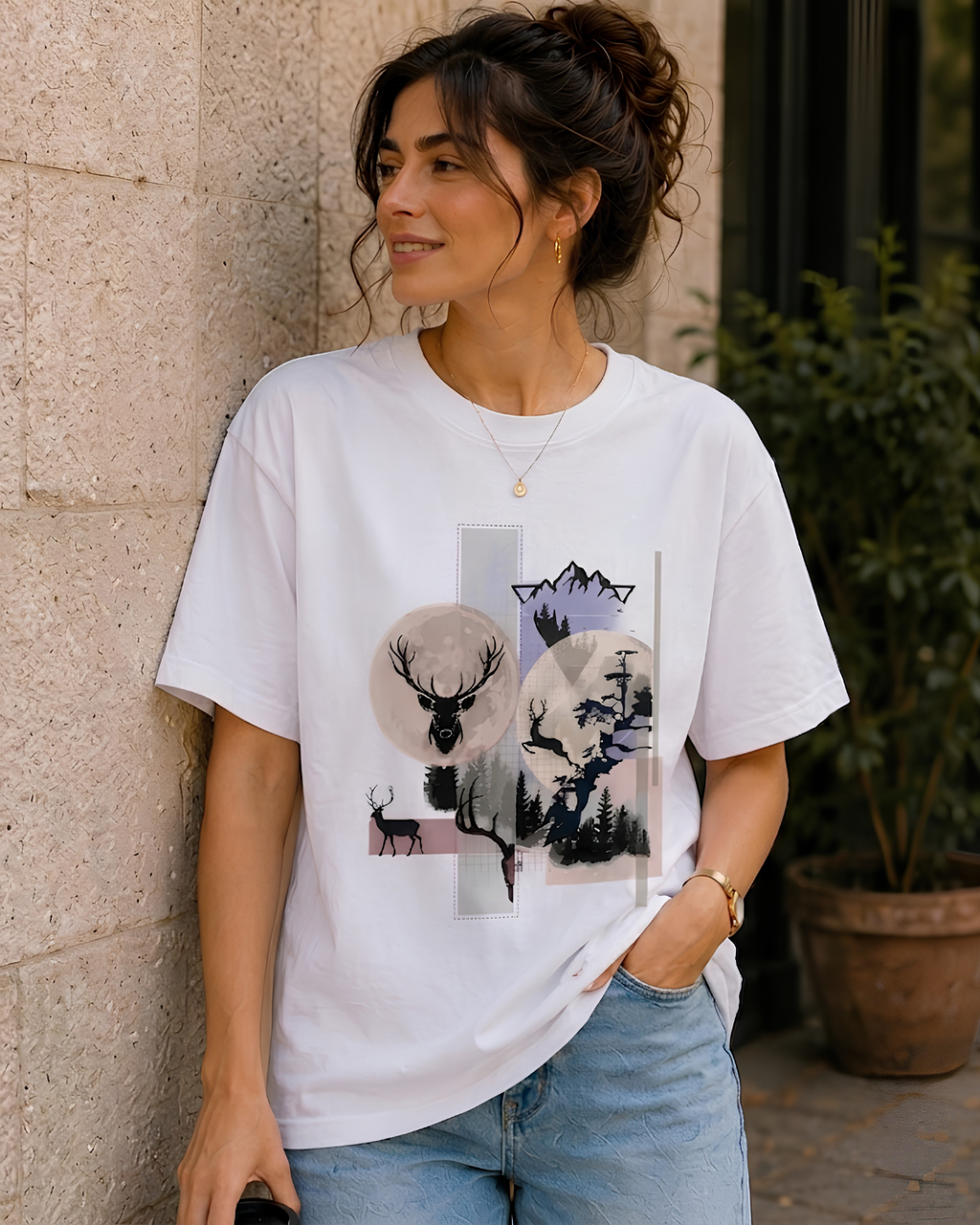 Women Mountain Deer Wilderness Oversized T-Shirt