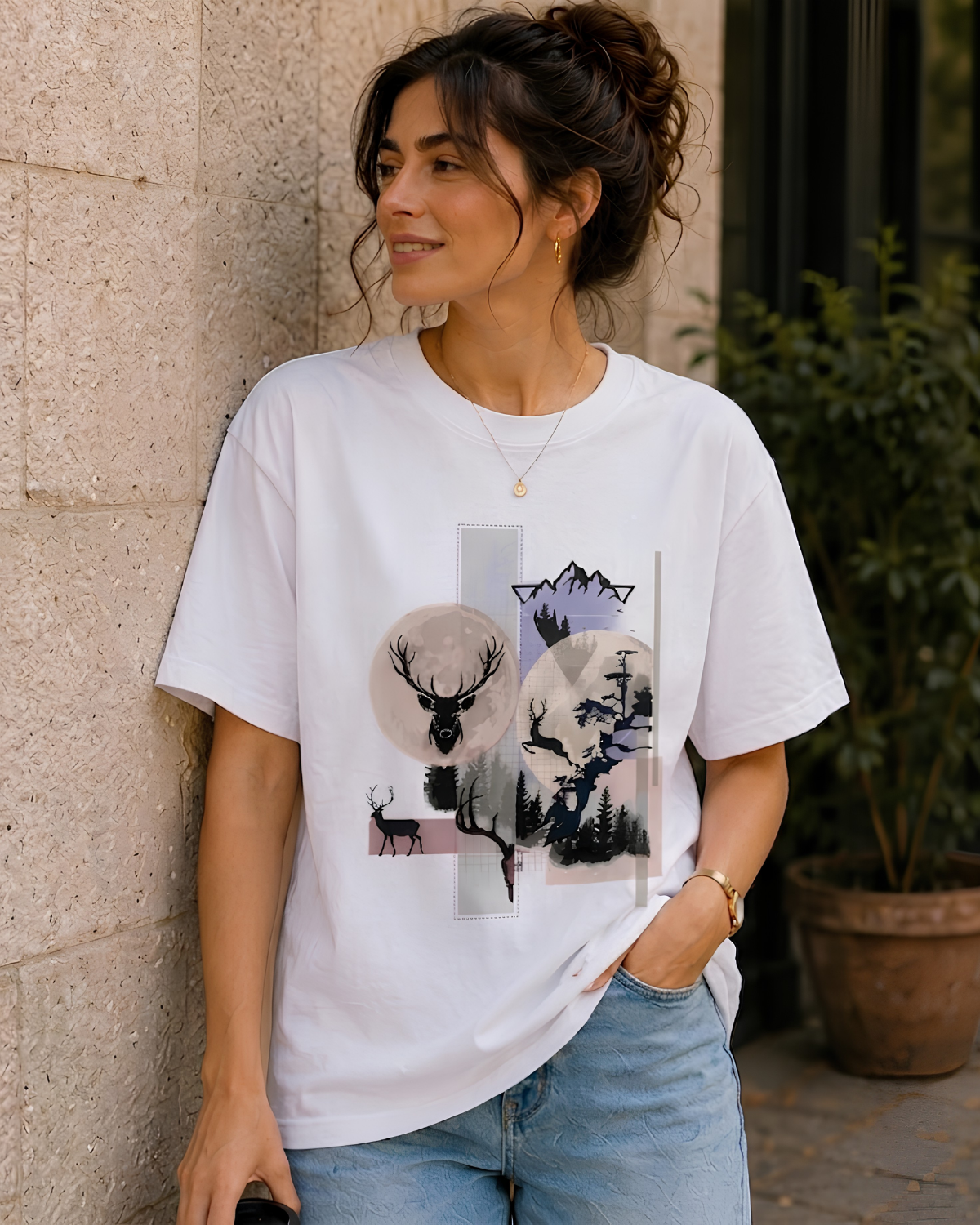 Women Mountain Deer Wilderness Oversized T-Shirt