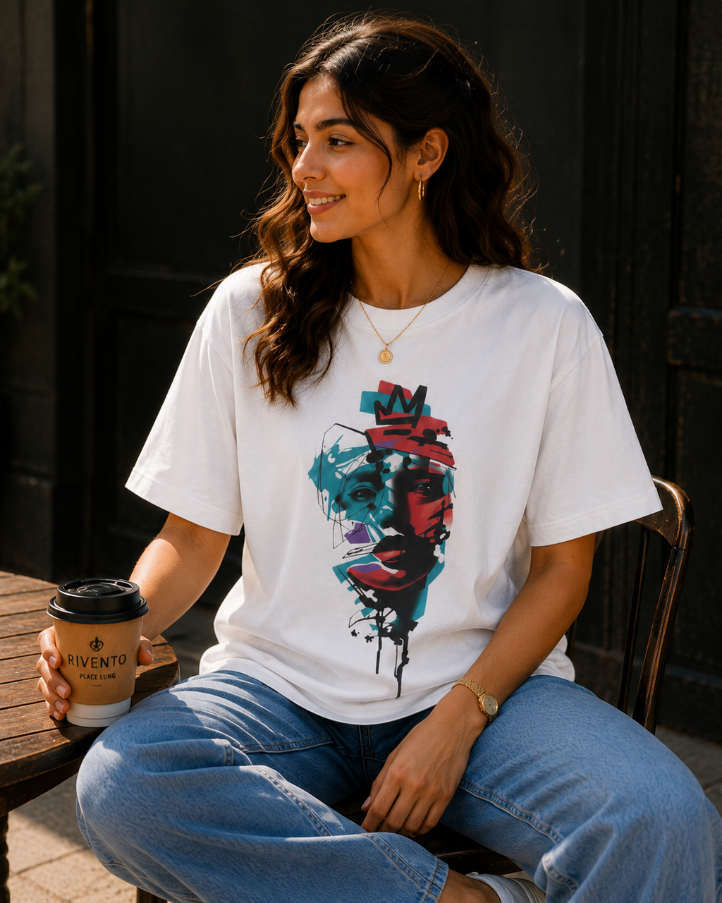 Women Urban Crown Abstract Face Oversized Graphic T-Shirt