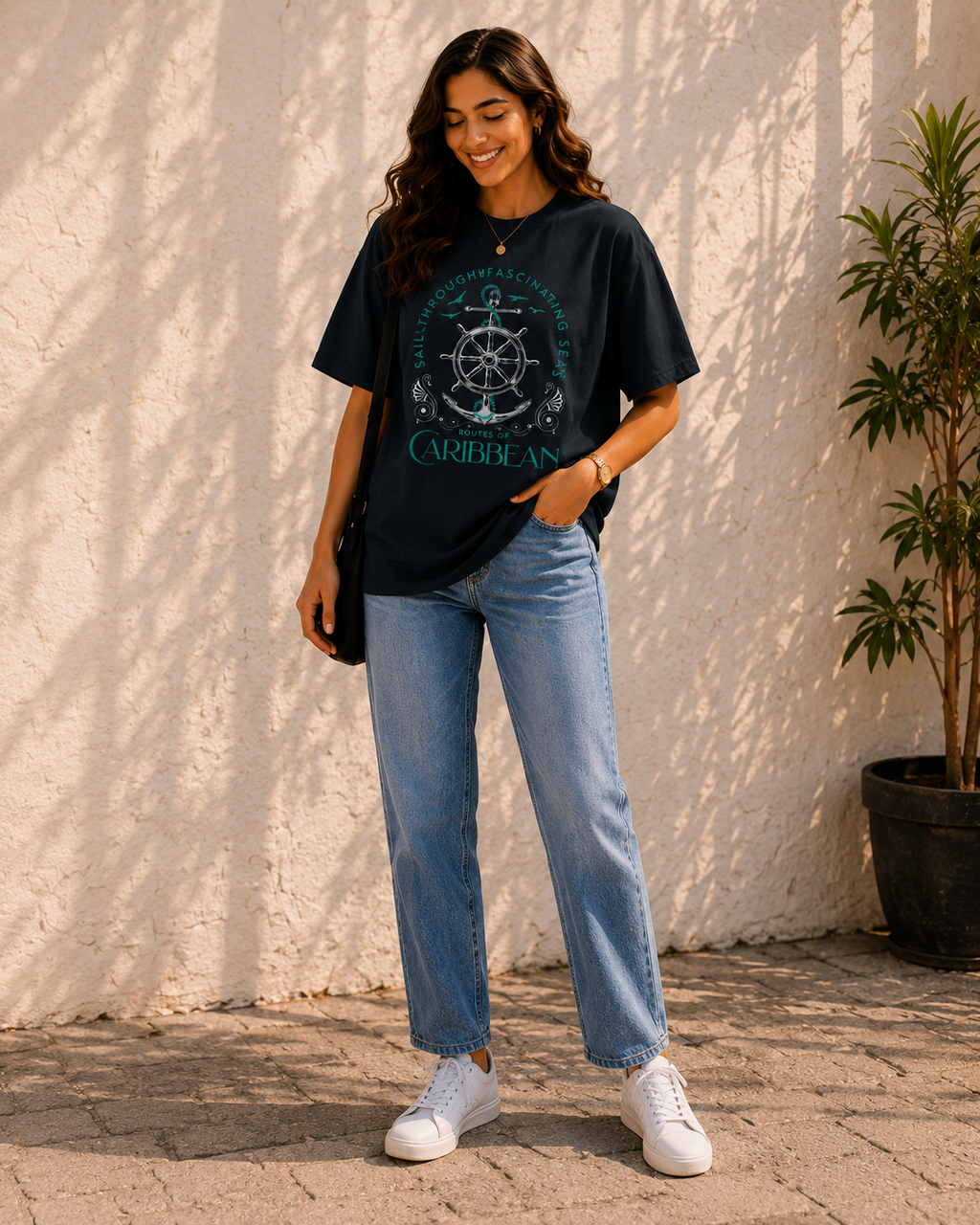 Women Routes Of Caribbean Sailing Oversized Graphic T-Shirt