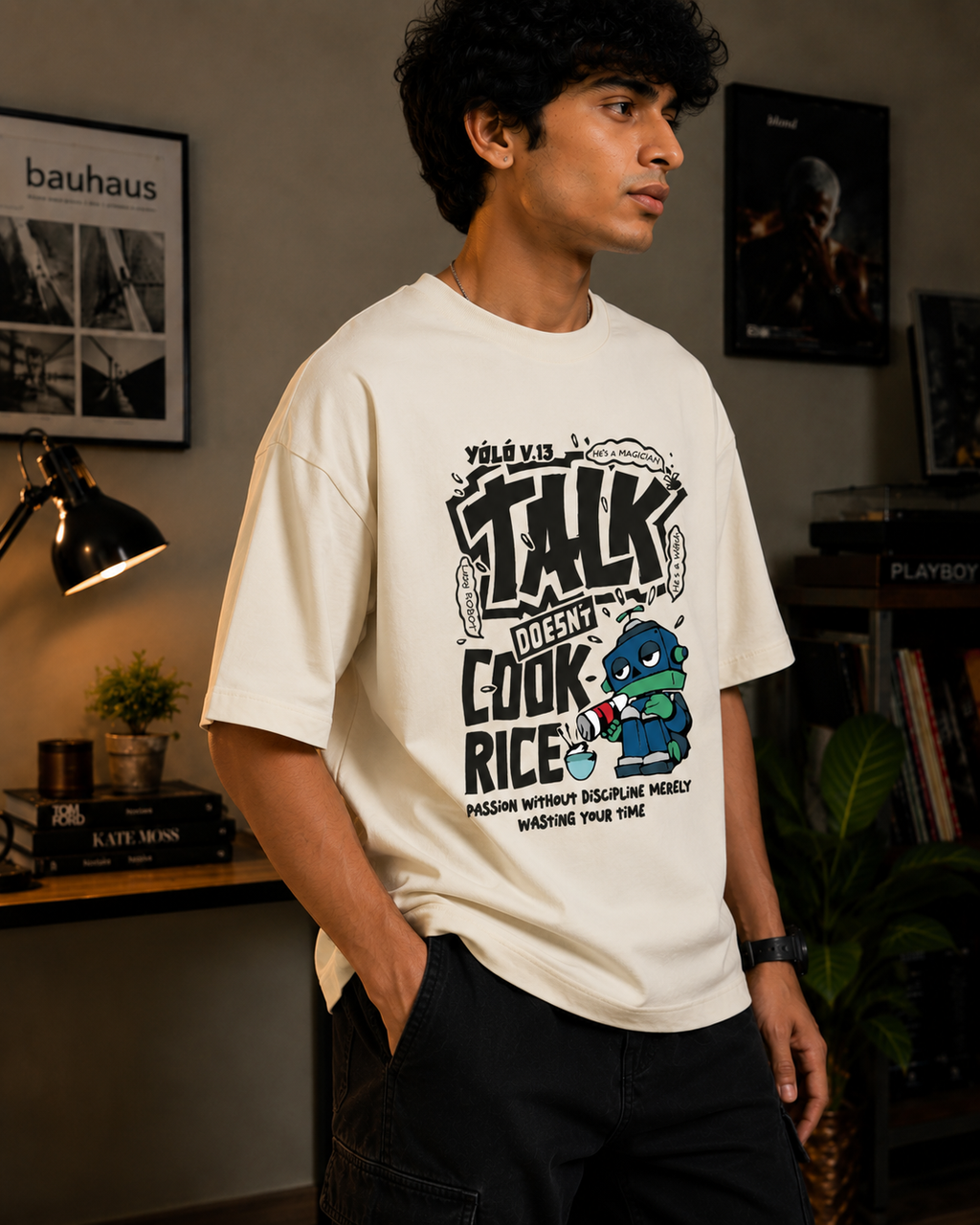 Talk Doesn't Cook Rice Graphic Oversized T-Shirt for Men