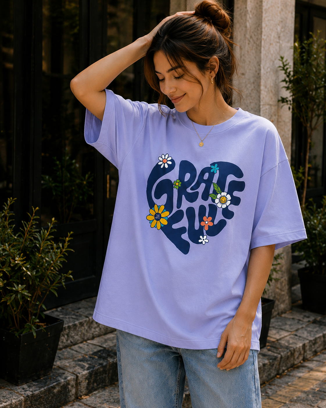 Women Retro Flower Power Premium Cotton Oversized T-Shirt