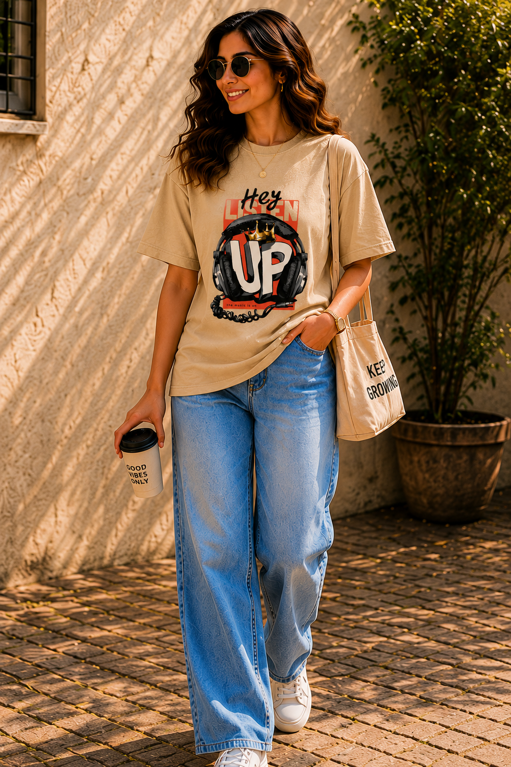 Women Urban Beats Headphone Oversized Tee