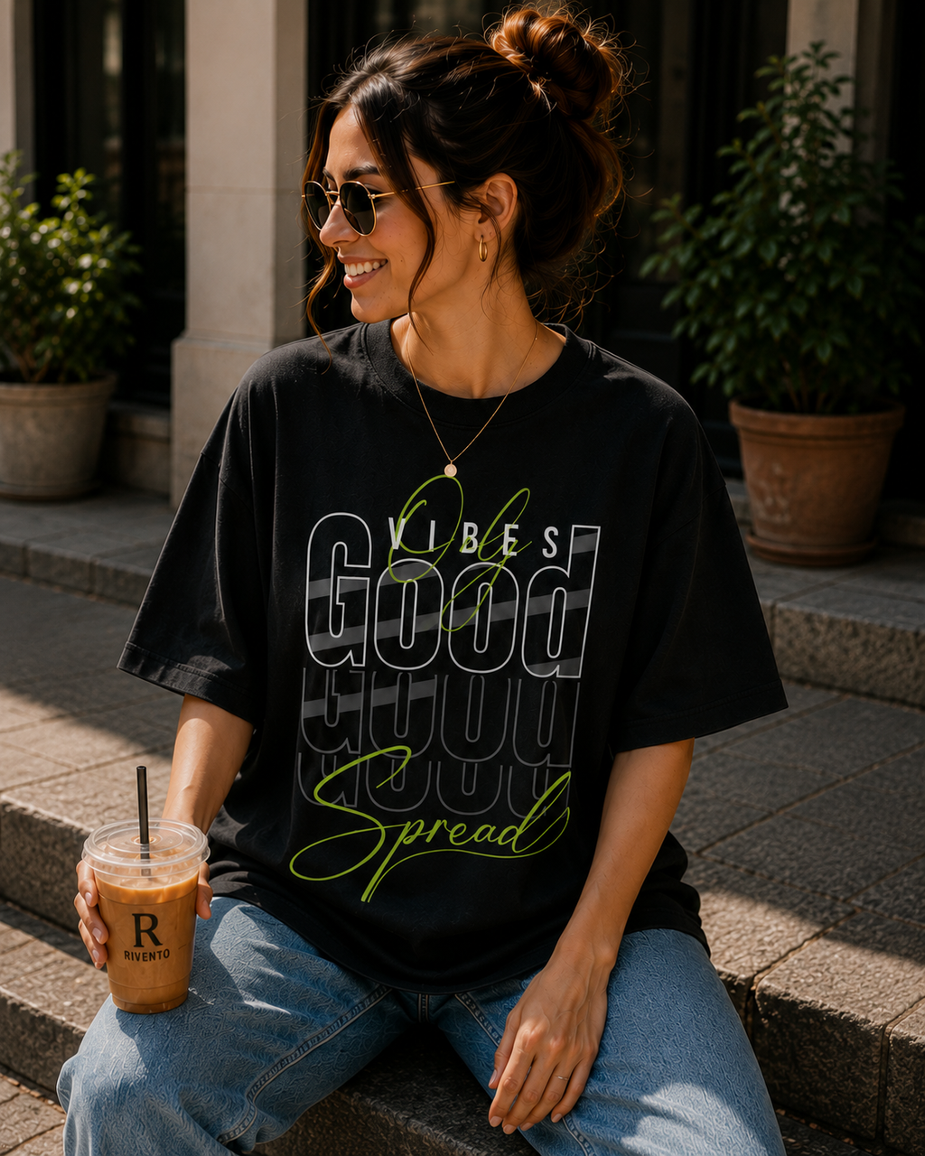 Women Spread Good Vibes Typography Graphic Oversized T-Shirt
