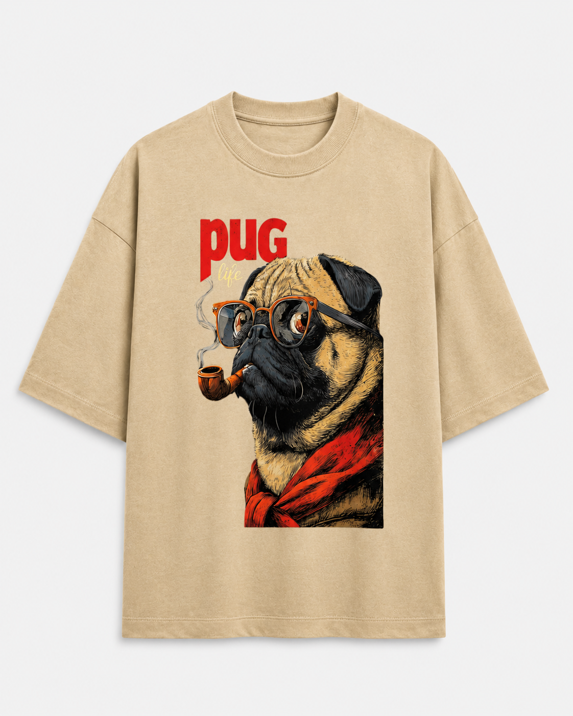 Smoking Pug Graphic Oversized T-Shirt in Desert - Rivento Fashion oversized t-shirt for men