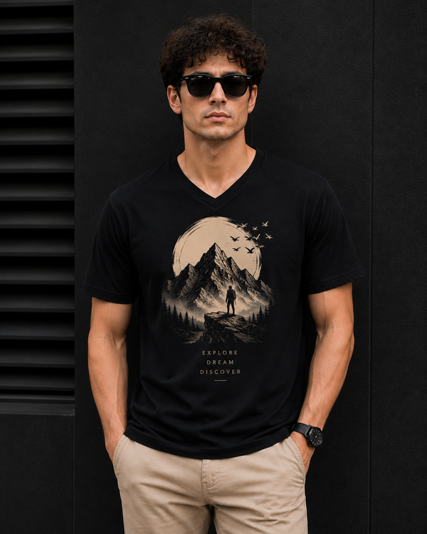 Mountain Expedition Black Men's Classic Fit V-Neck T-Shirt