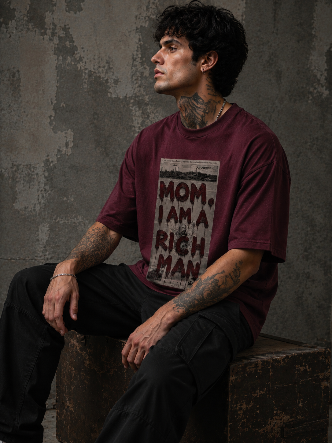 Rich Man Oversized Maroon Graphic T-Shirt