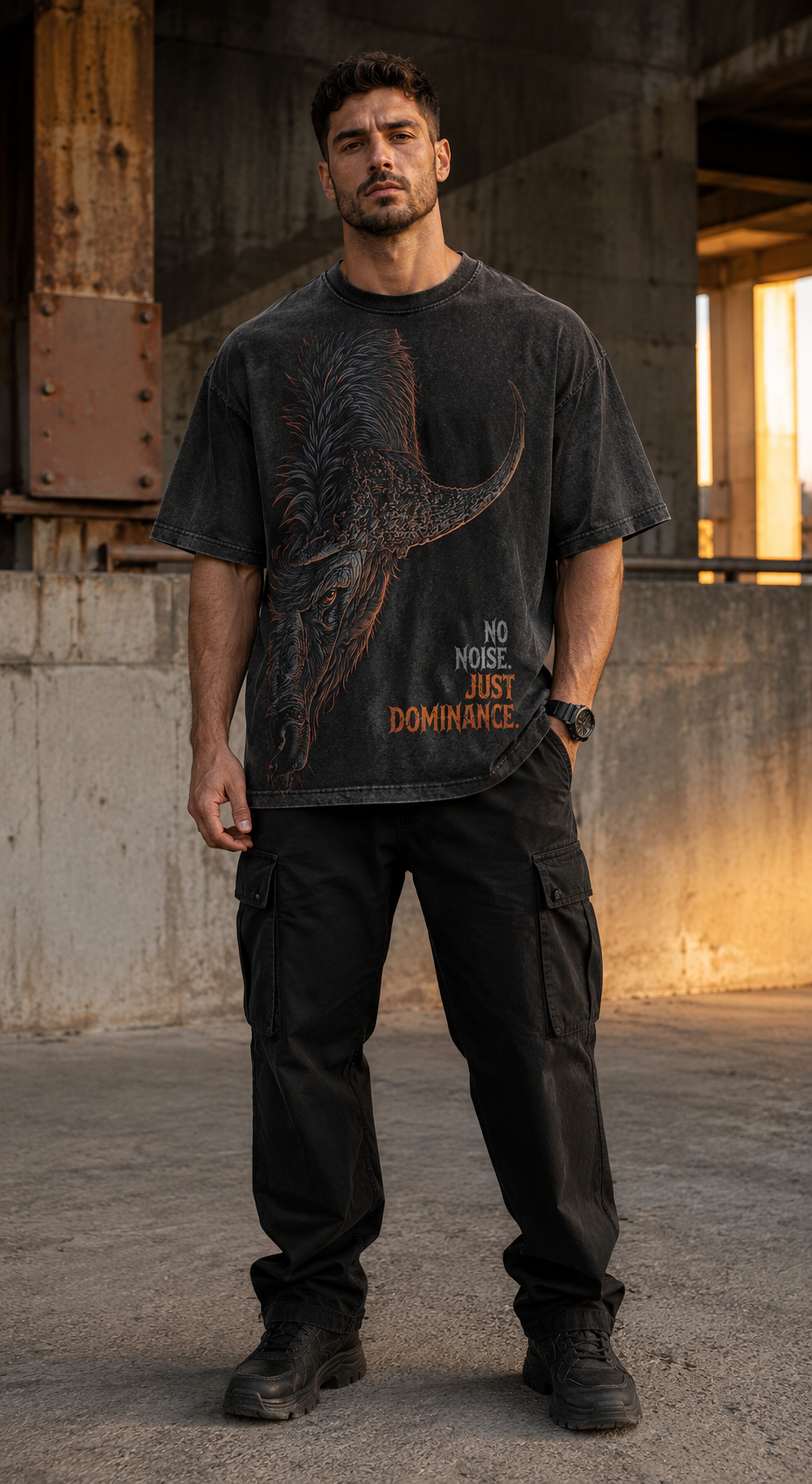 Rivento No Noise Just Dominance Bull Graphic Oversized T-Shirt Black