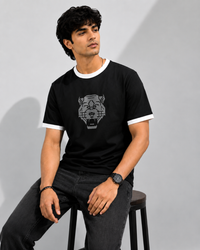 Geometric Lion Black Men's Classic Fit Contrast Neck T-Shirt